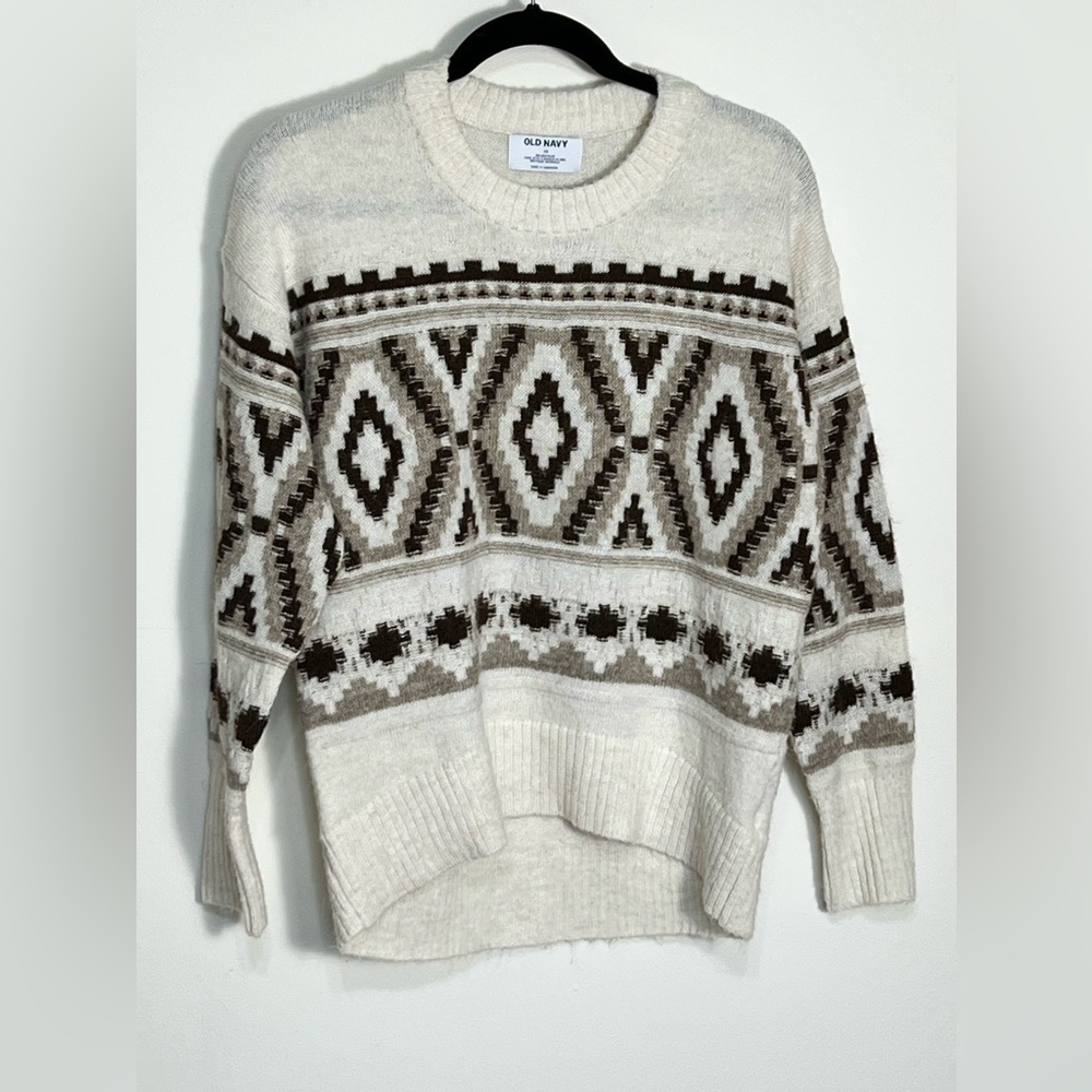Old Navy Women Sweatshirt Ivory Cream Aztec Fair Isle Knit Pullover Extra Small